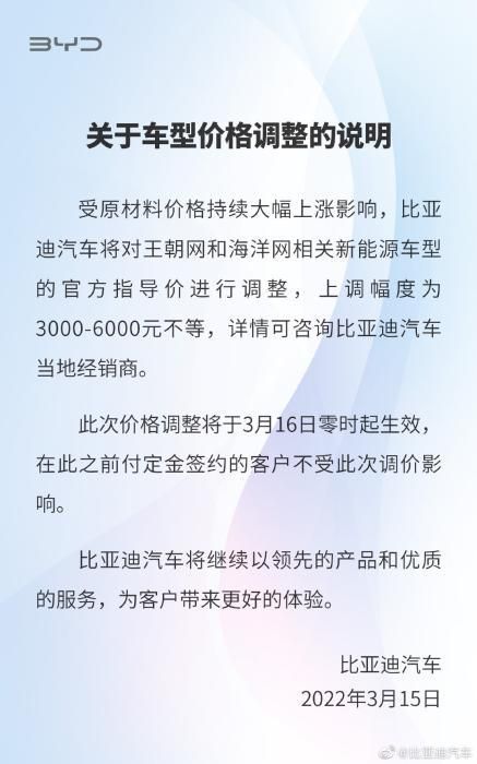 比亞迪官宣部分車型漲價(jià) 最高漲幅6000元